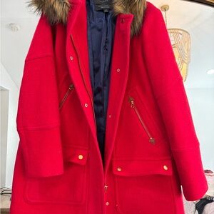 J CrewWool Blend Red Coat with Faux Fur Trim
